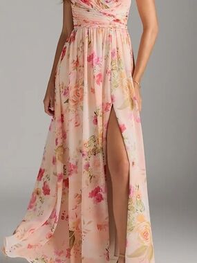 Beautful Floral Pink Chiffon Maxi Dress with Side Slit